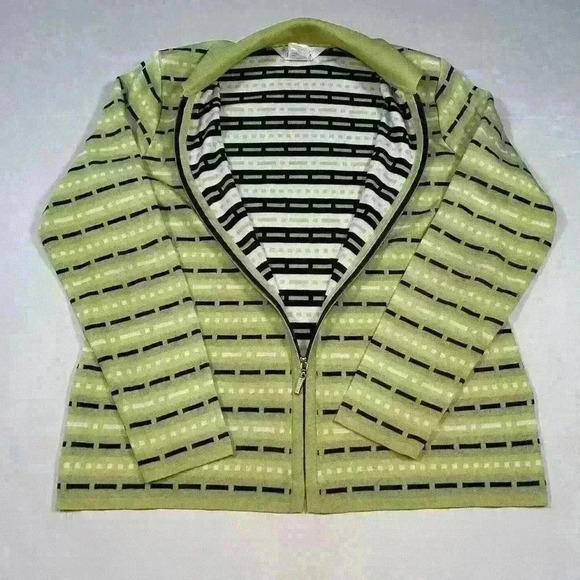 MISOOK Knit Zip Collared Sweater Cardigan Jacket Green Black White Dash Women M - Picture 6 of 10